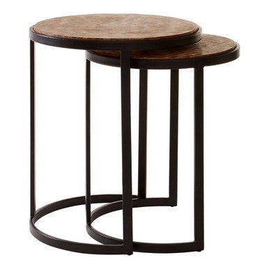 Set of Two Handcrafted Chevron Natural Wood Top Nesting Tables with Black Iron Legs