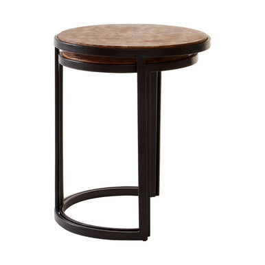 Set of Two Handcrafted Chevron Natural Wood Top Nesting Tables with Black Iron Legs