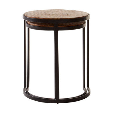 Set of Two Handcrafted Chevron Natural Wood Top Nesting Tables with Black Iron Legs