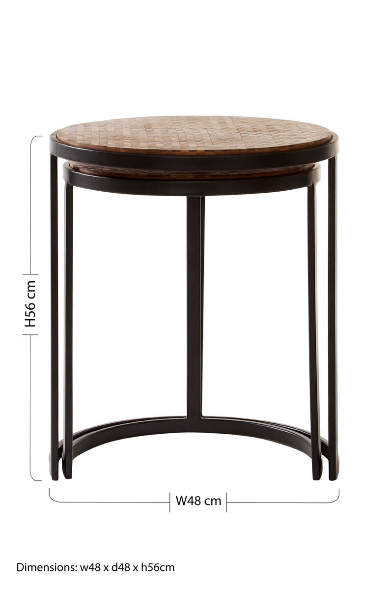Set of Two Handcrafted Chevron Natural Wood Top Nesting Tables with Black Iron Legs
