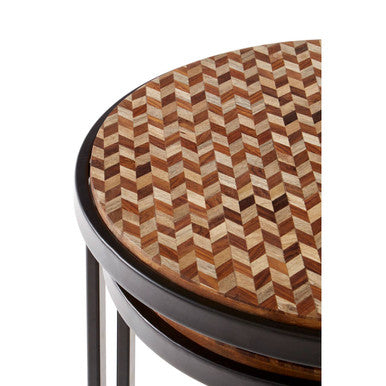 Set of Two Handcrafted Chevron Natural Wood Top Nesting Tables with Black Iron Legs
