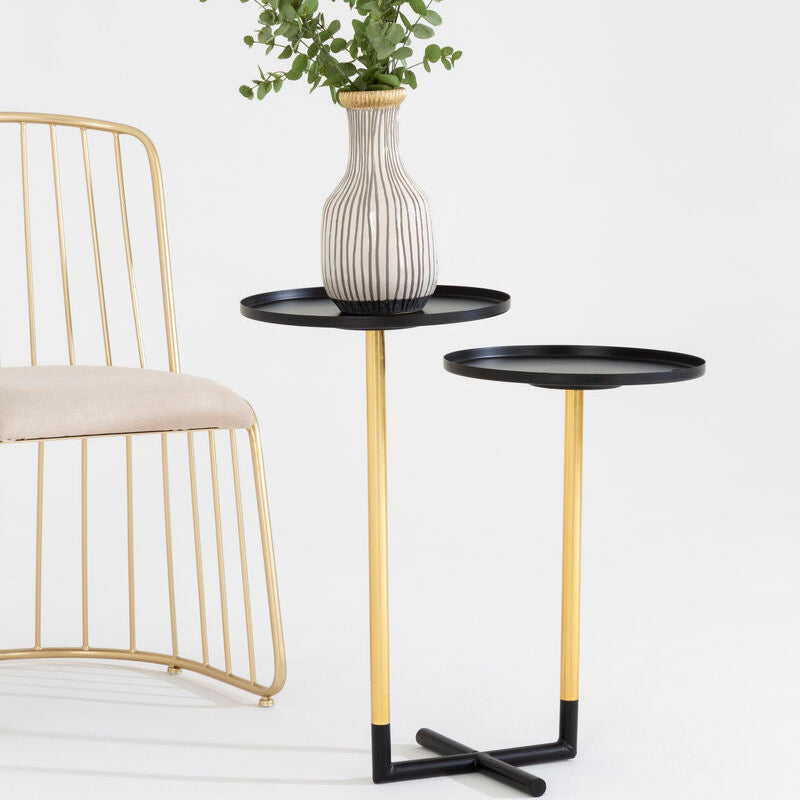Black and Gold Metal 2-Tier Side Table with Intersecting Base Design