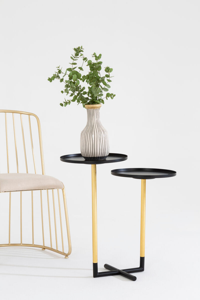Black and Gold Metal 2-Tier Side Table with Intersecting Base Design