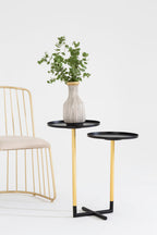 Black and Gold Metal 2-Tier Side Table with Intersecting Base Design