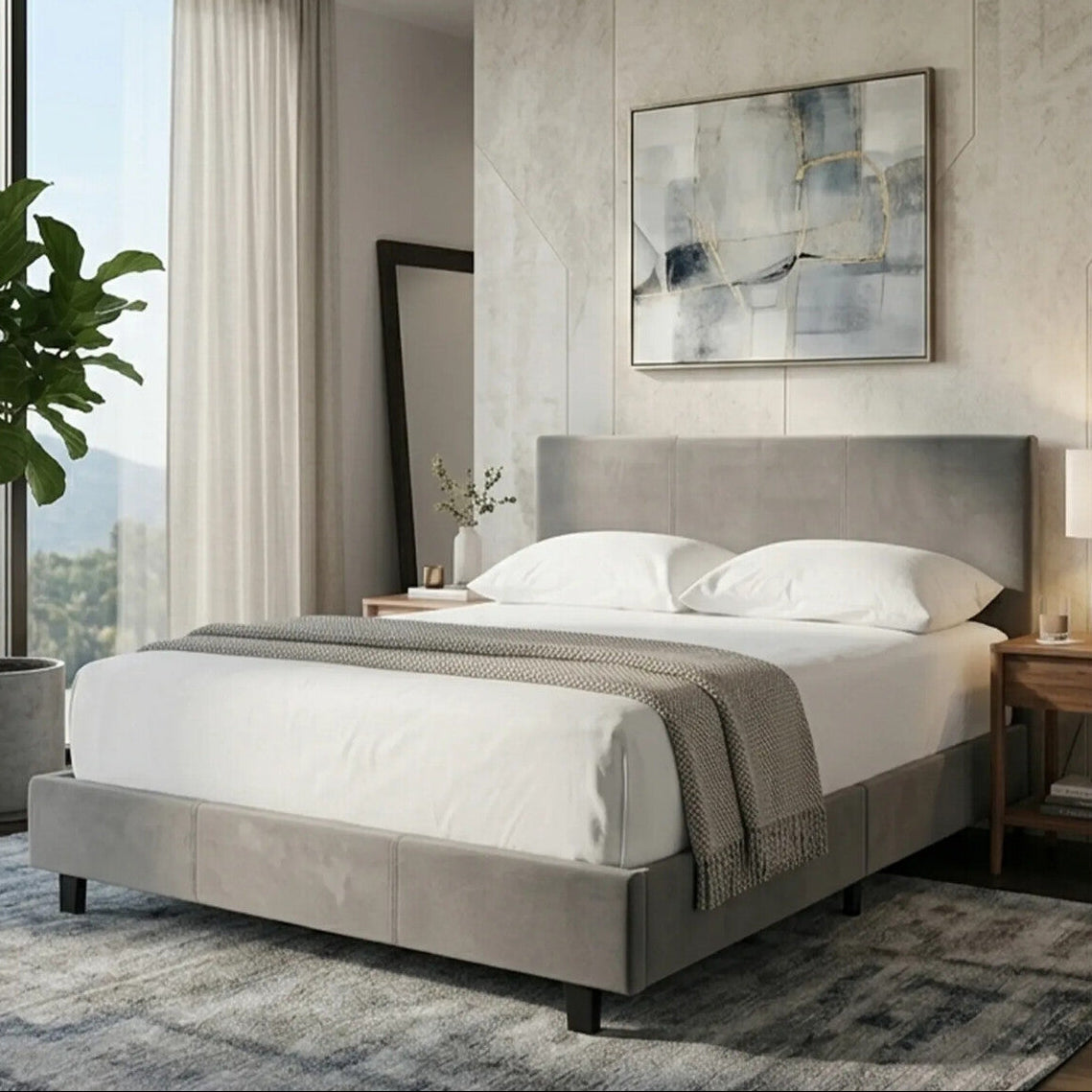 Grey Velvet King Bed with Sculpted Headboard