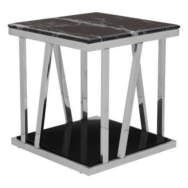 Black Marble and Silver Finish Square Side Table