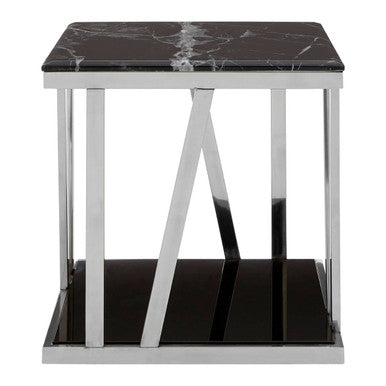 Black Marble and Silver Finish Square Side Table