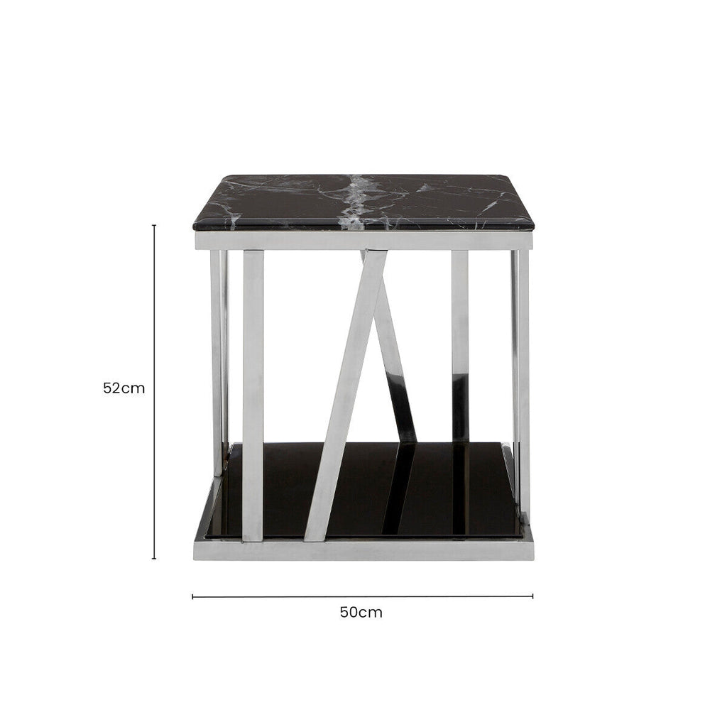 Black Marble and Silver Finish Square Side Table