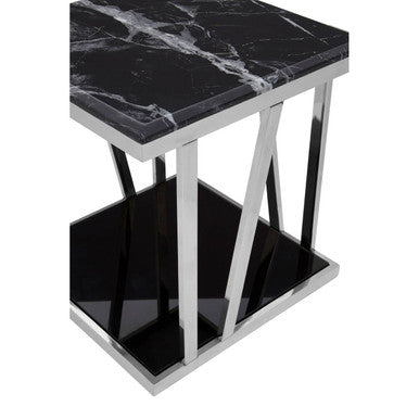 Black Marble and Silver Finish Square Side Table