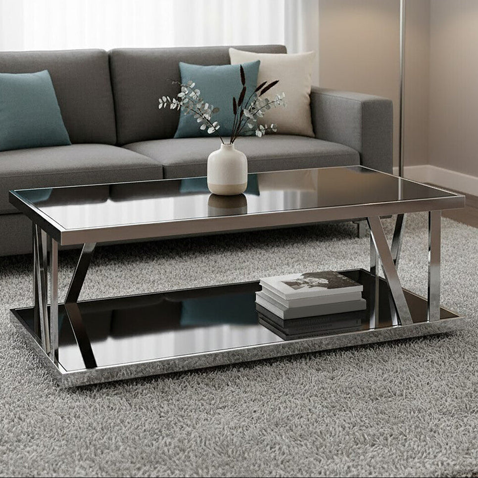 Black Glass and Silver Finish Rectangular Coffee Table