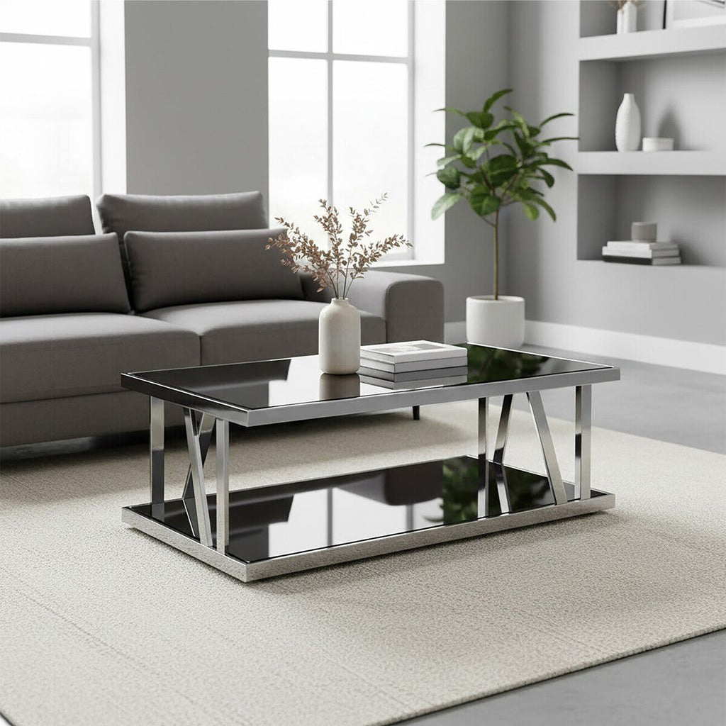 Black Glass and Silver Finish Rectangular Coffee Table