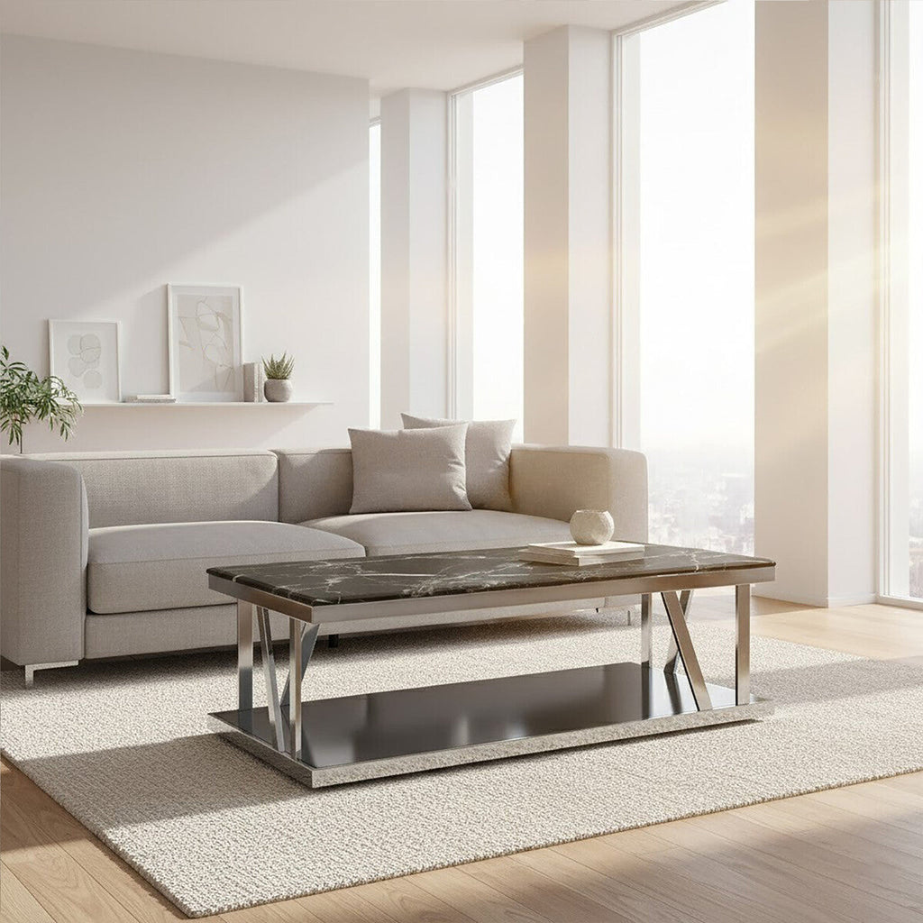 Black Marble and Silver Finish Rectangular Coffee Table