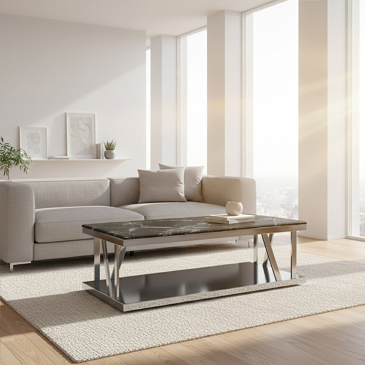 Black Marble and Silver Finish Rectangular Coffee Table