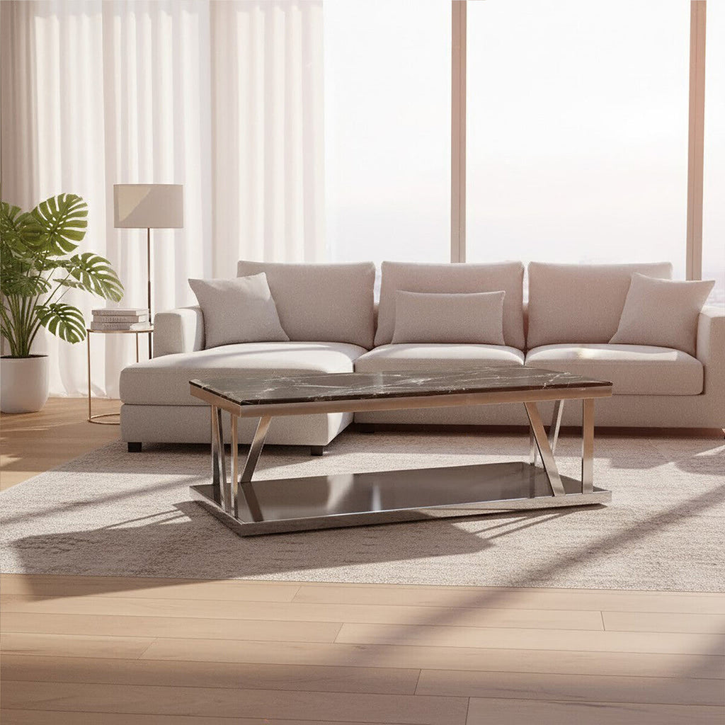 Black Marble and Silver Finish Rectangular Coffee Table