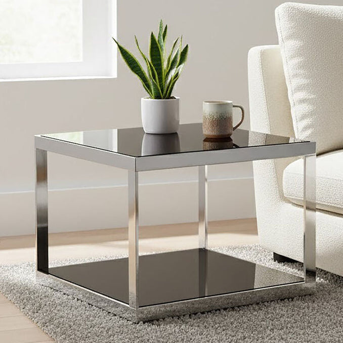 Black Tempered Glass Shelves Coffee Table with Silver Square Stainless Steel Frame