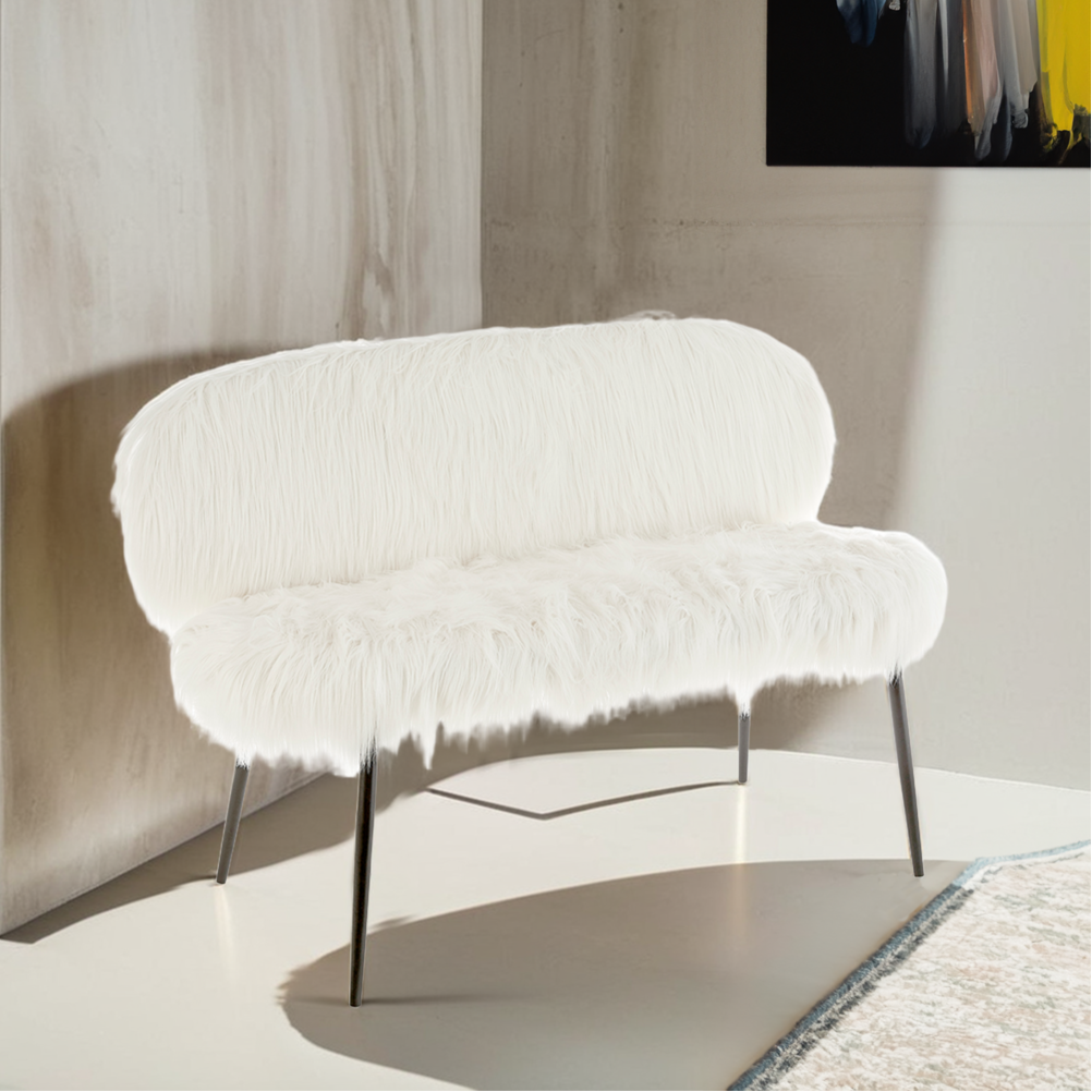 White Faux Fur 2 Seater Sofa with Black Finish Legs