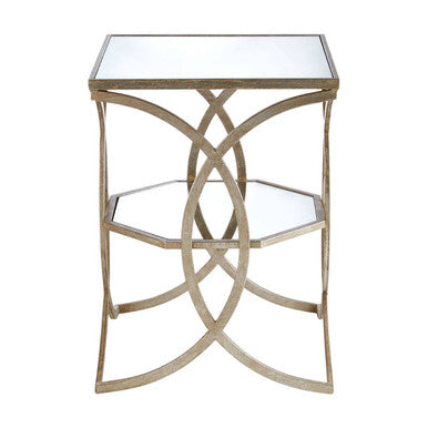 Tempered Glass Tops and 1 Lower Shelf Side Table with Silver Interlinked Geometric Metal Frame