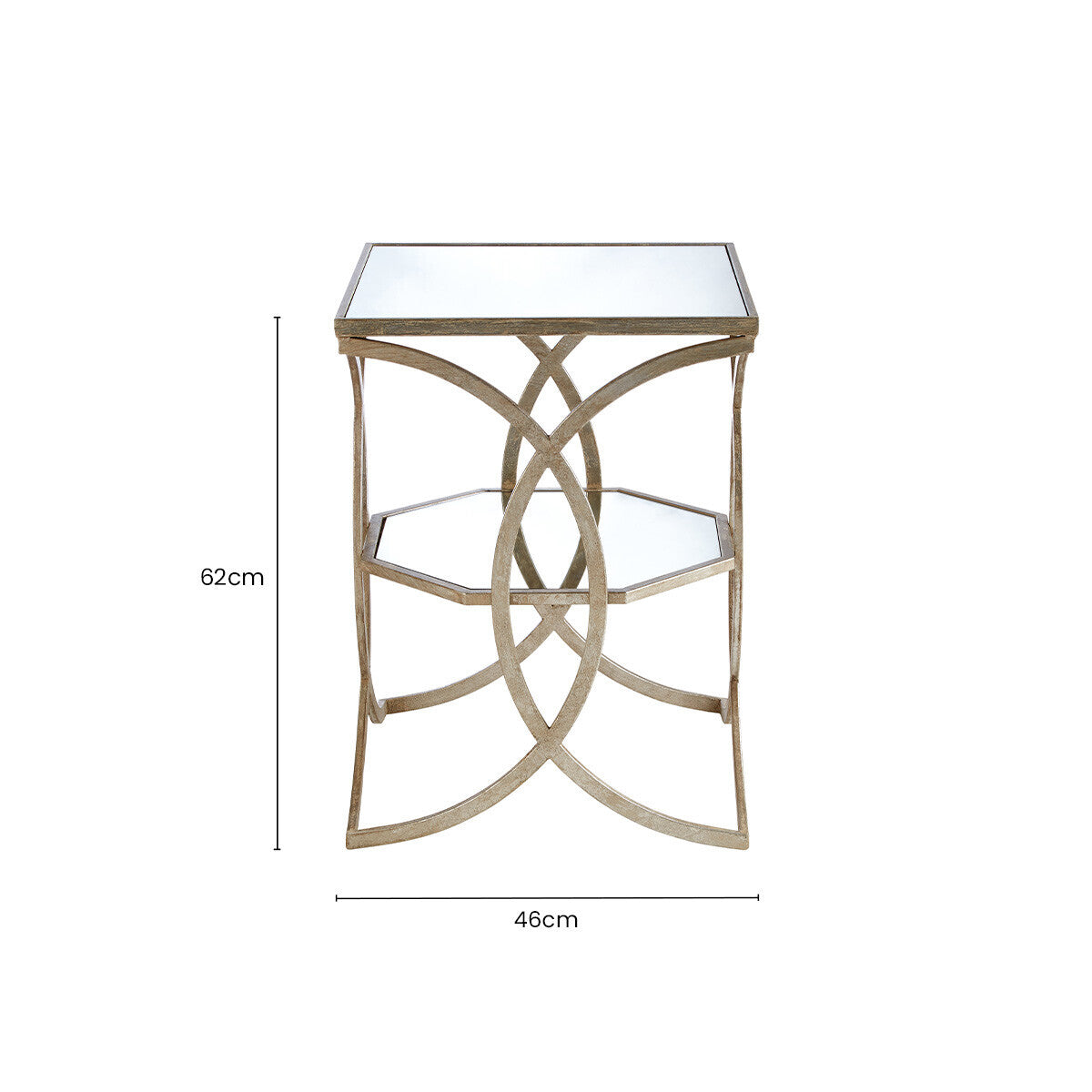 Tempered Glass Tops and 1 Lower Shelf Side Table with Silver Interlinked Geometric Metal Frame