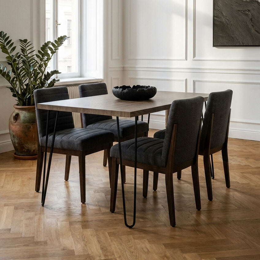Natural Wood Effect Dining Table with Black Metal Base
