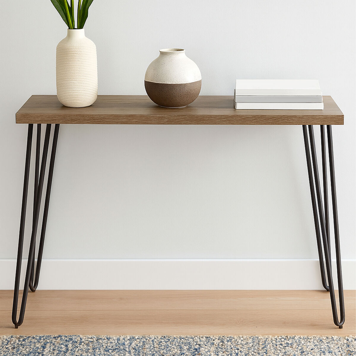 Natural Wood Effect and Metal Console Table