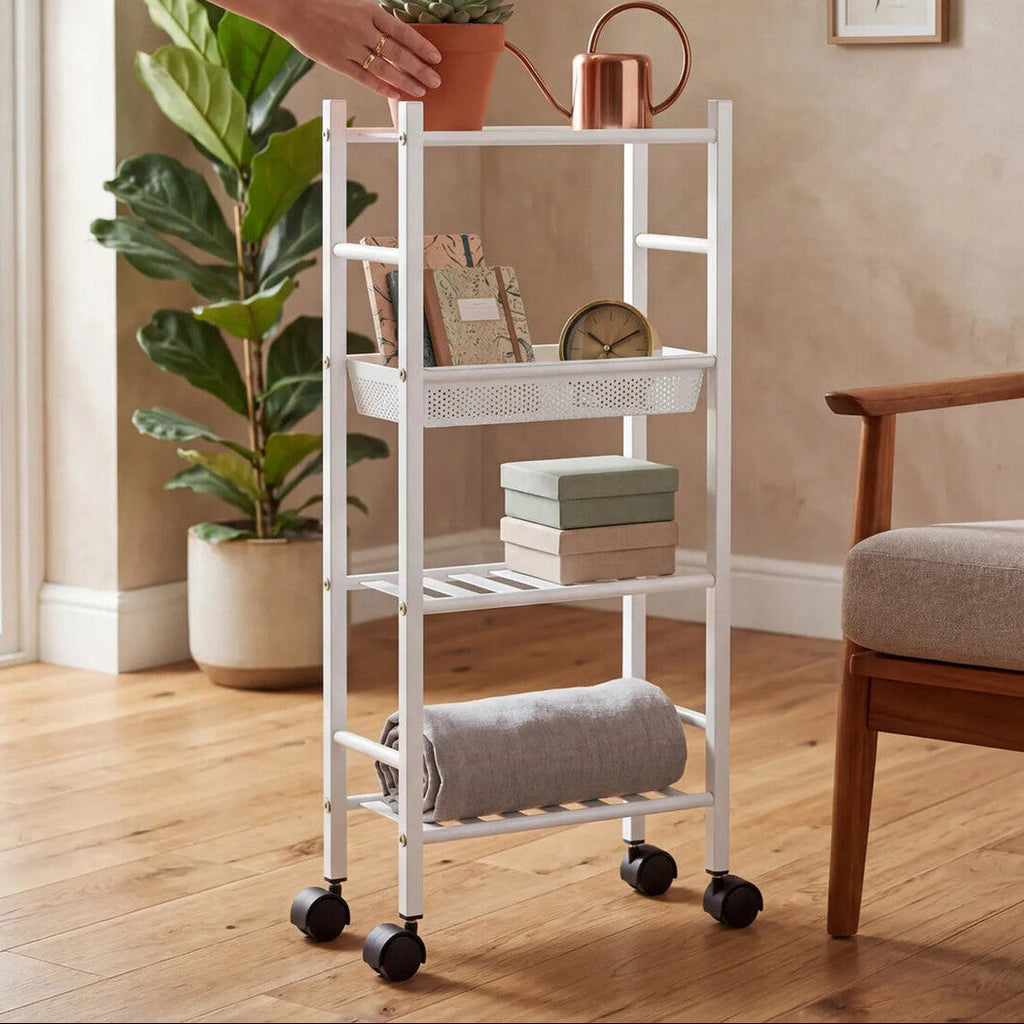 4 Tier White Trolley with Basket