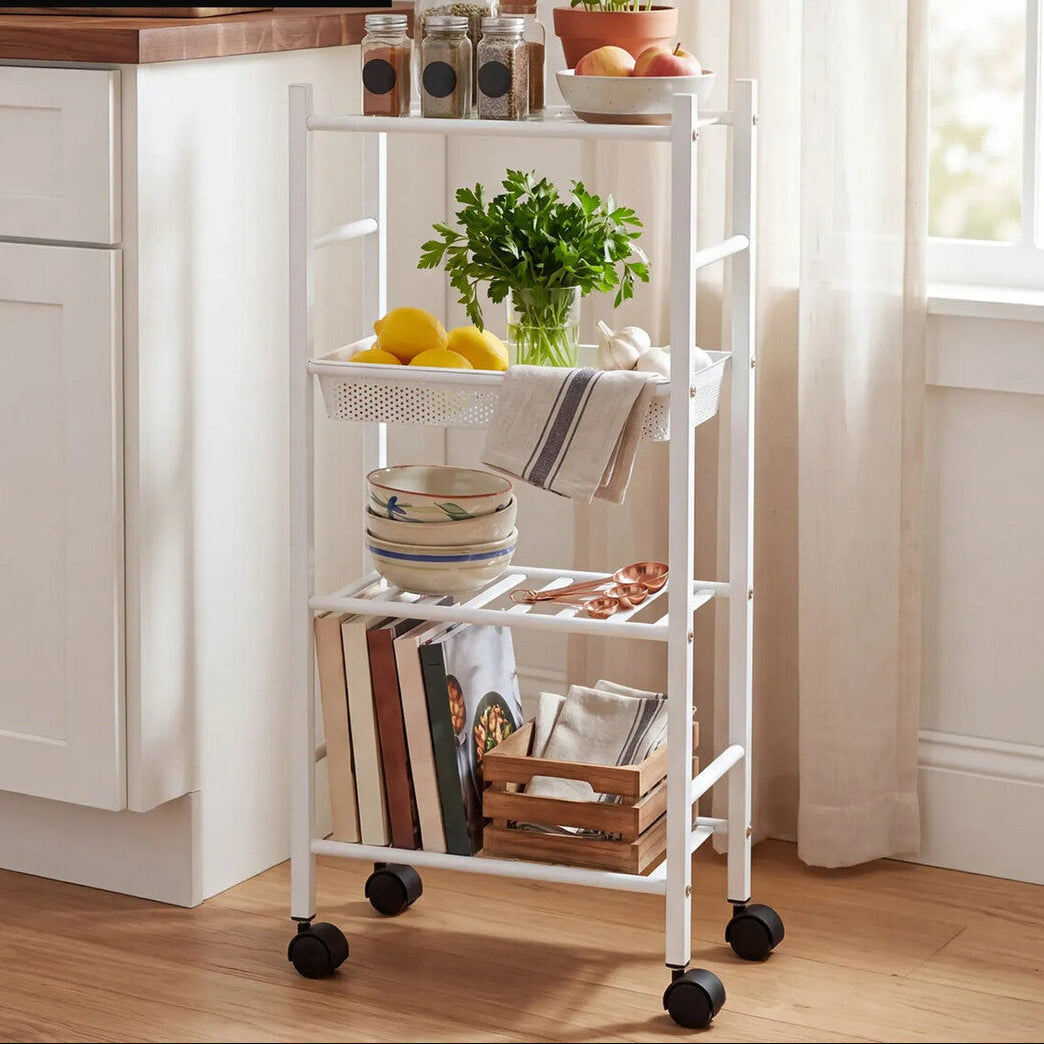 4 Tier White Trolley with Basket