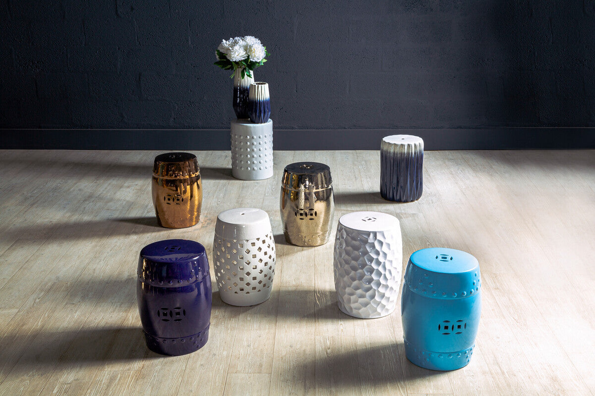 Blue and White Ceramic Side Table and Stool with Fluted Design