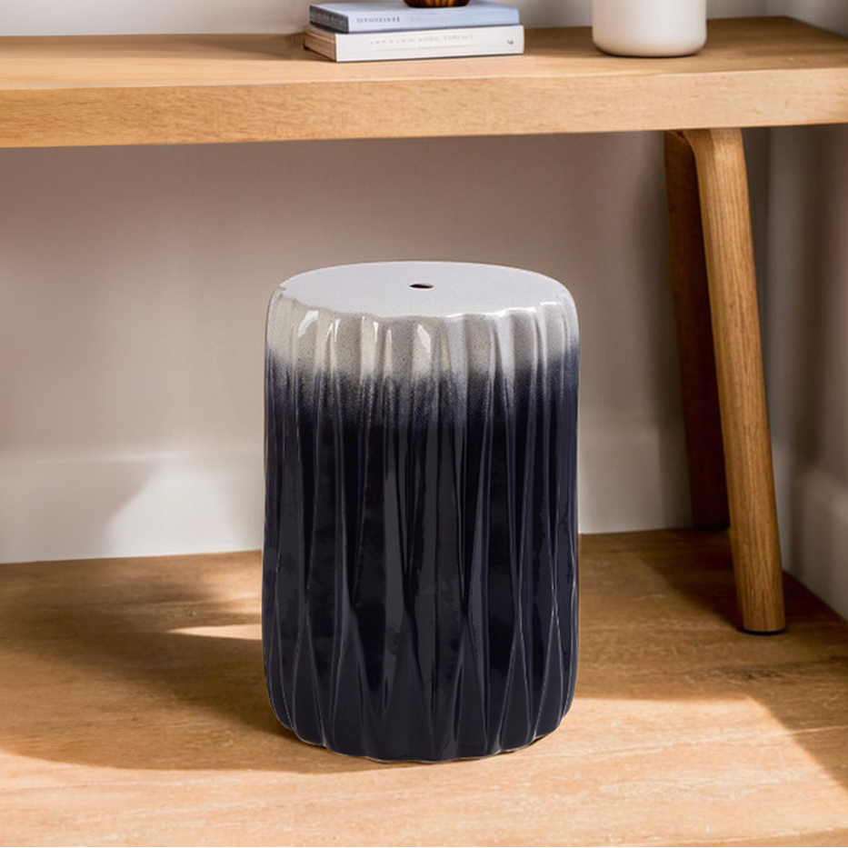 Blue and White Ceramic Side Table and Stool with Fluted Design