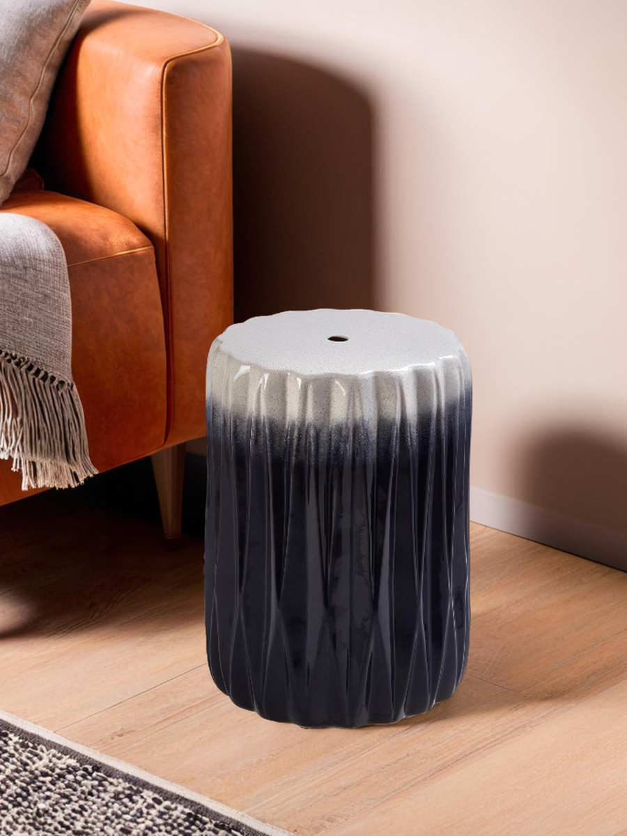 Blue and White Ceramic Side Table and Stool with Fluted Design
