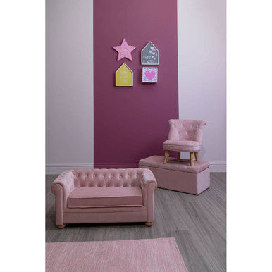 Pink Velvet Kids Chair with Rolled Back