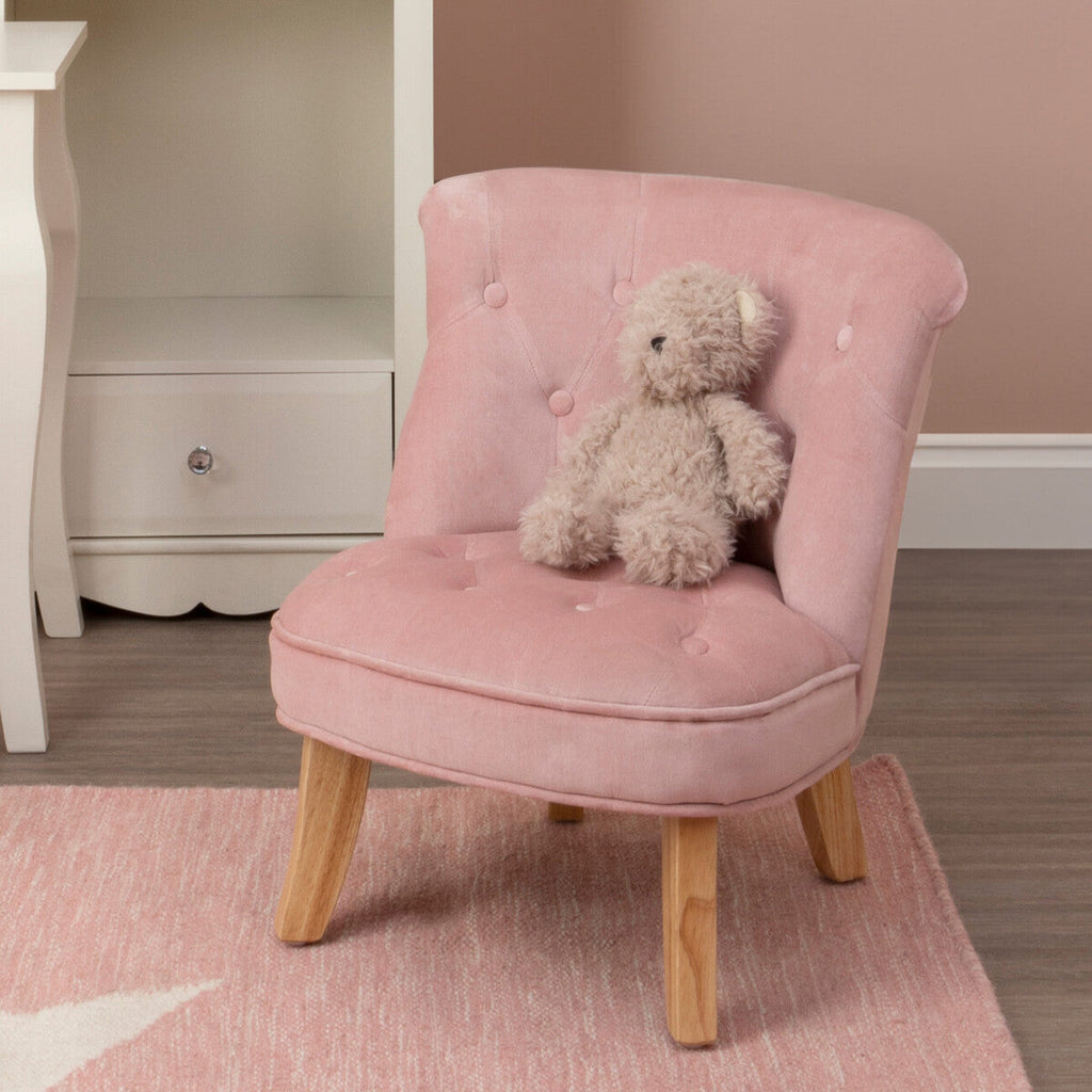 Pink Velvet Kids Chair with Rolled Back