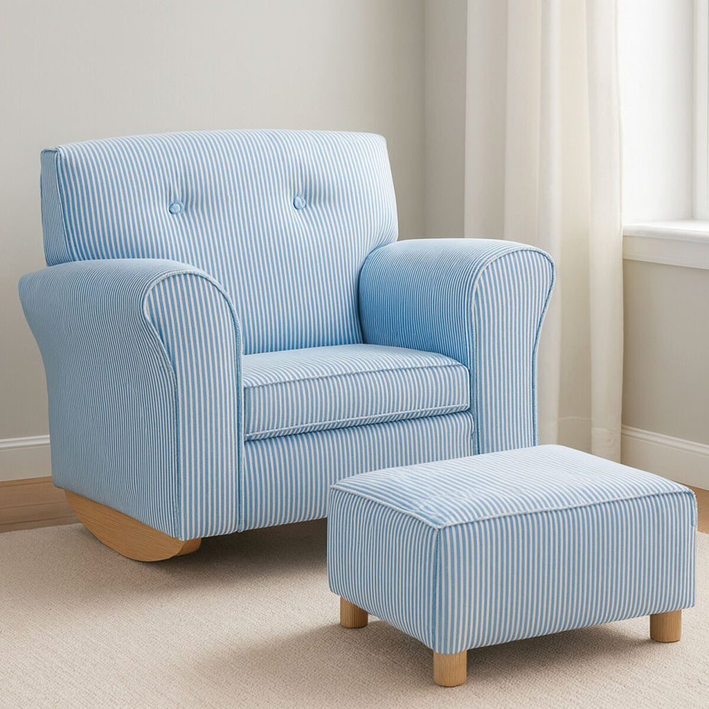 Blue and White Stripe Rocking Chair with Footstool