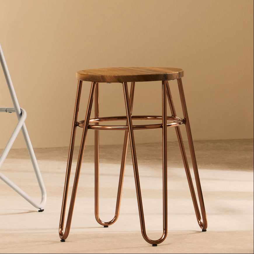 Wooden Stool with Rose Gold Finish Hairpin Legs