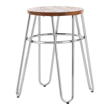 Elm Wood Stool with Chrome Finish Hairpin Legs