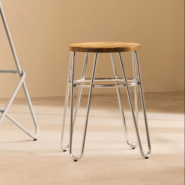 Elm Wood Stool with Chrome Finish Hairpin Legs