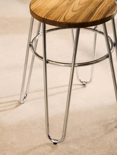Elm Wood Stool with Chrome Finish Hairpin Legs
