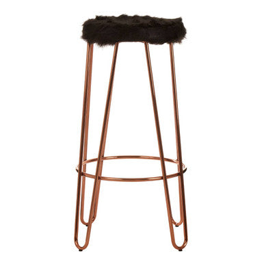 Black Faux Fur Bar Stool with Rose Gold Hairpin Legs