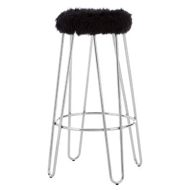 Black Faux Fur Bar Stool with Chrome Finish Hairpin Legs