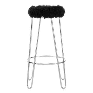 Black Faux Fur Bar Stool with Chrome Finish Hairpin Legs