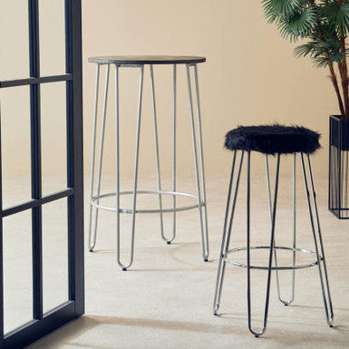 Black Faux Fur Bar Stool with Chrome Finish Hairpin Legs