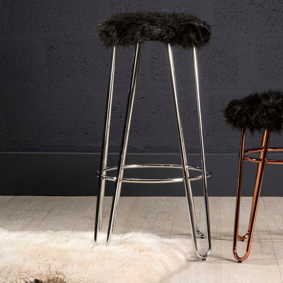 Black Faux Fur Bar Stool with Chrome Finish Hairpin Legs