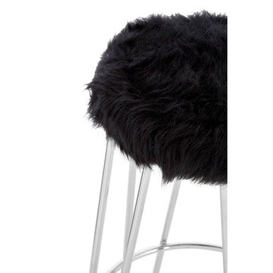 Black Faux Fur Bar Stool with Chrome Finish Hairpin Legs