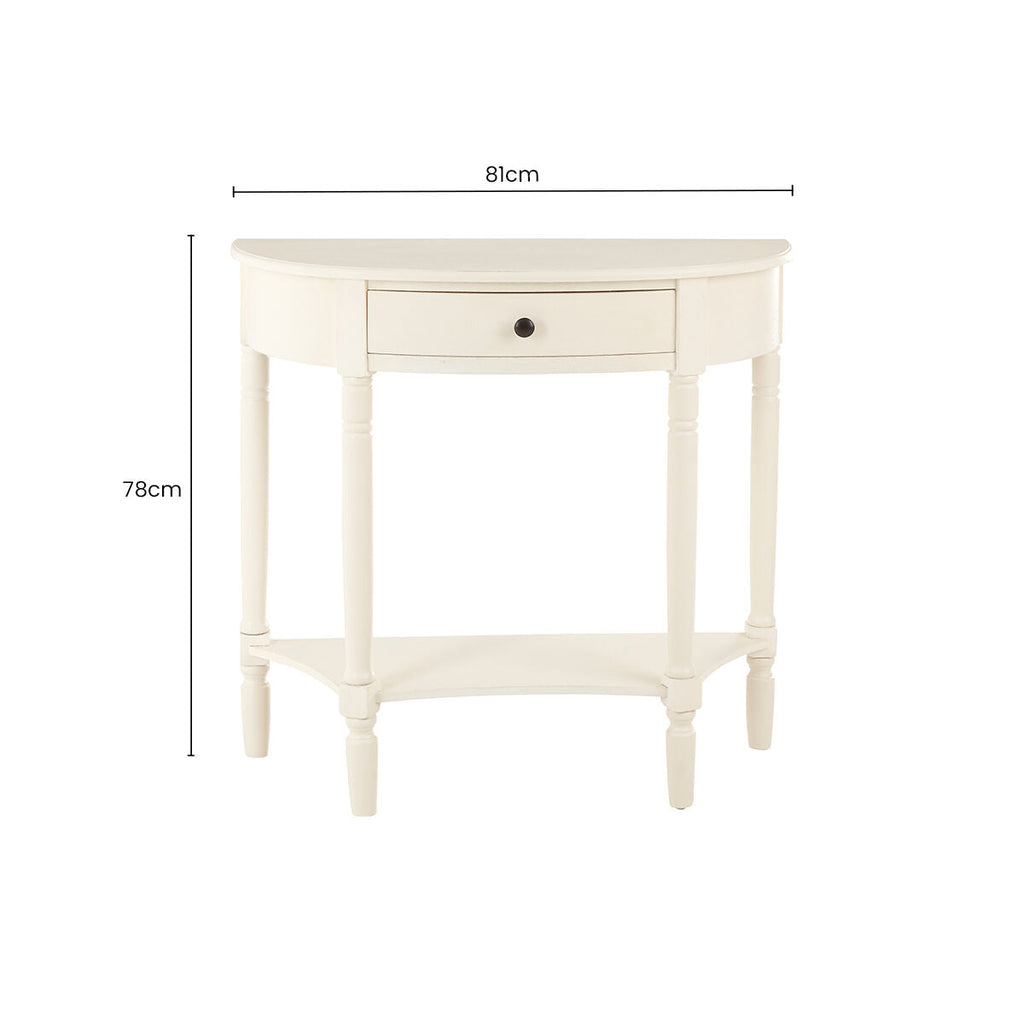 Ivory Wooden Half Moon 1 Drawer Console Table with Lower Shelf