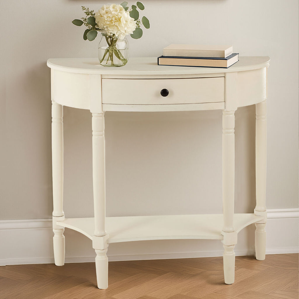 Ivory Wooden Half Moon 1 Drawer Console Table with Lower Shelf