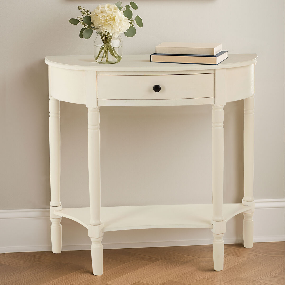 Ivory Wooden Half Moon 1 Drawer Console Table with Lower Shelf