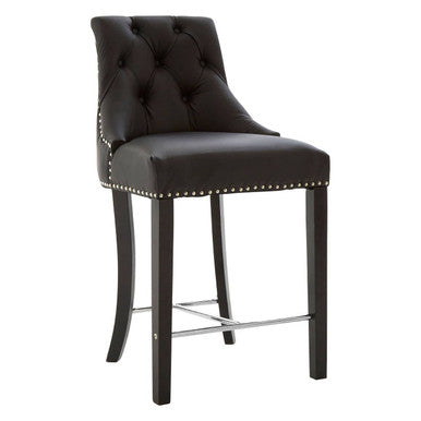 Buttoned Black Faux Leather Bar Chair