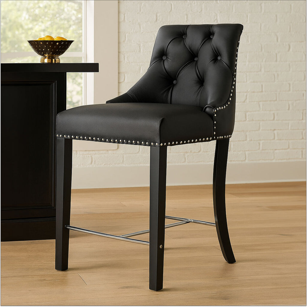 Buttoned Black Faux Leather Bar Chair