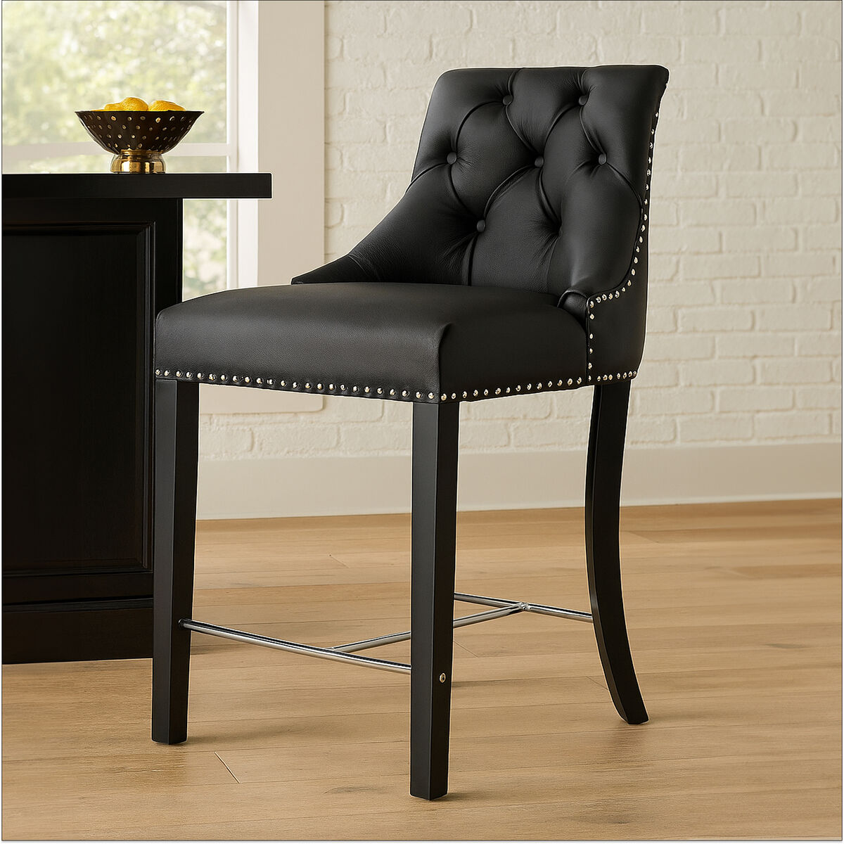 Buttoned Black Faux Leather Bar Chair