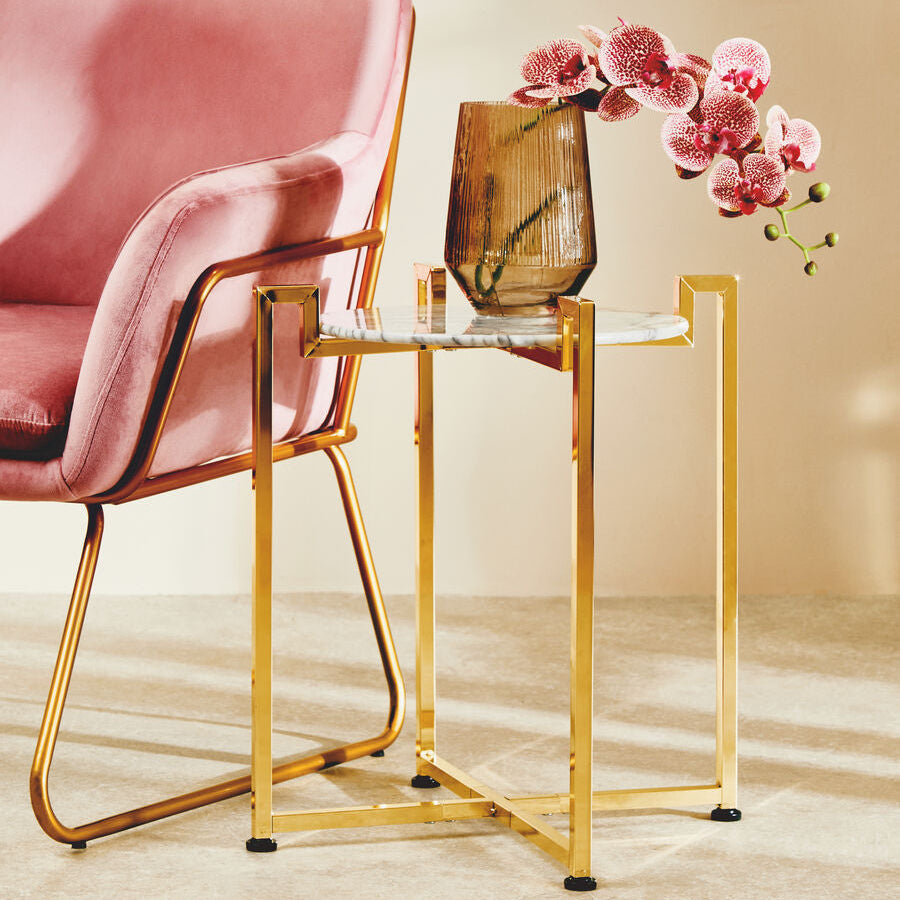Round White Marble Side Table with Gold Finish Base