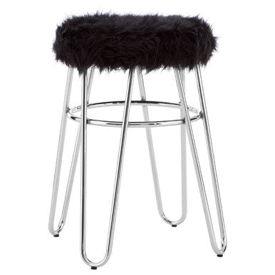 Black Faux Fur Stool with Chrome Finish Hairpin Legs